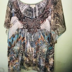 One World lace covered v neck brown/turquoise TOP